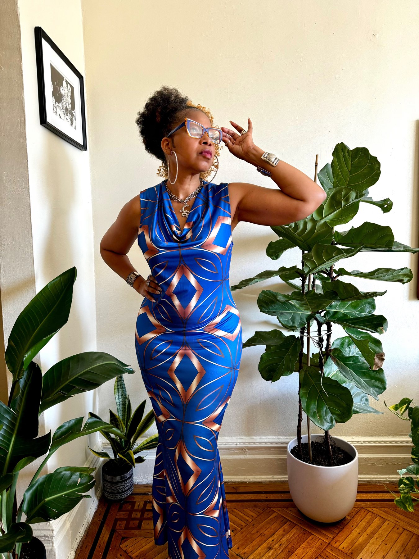 Stacia Hobdy in a blue patterned evening dress