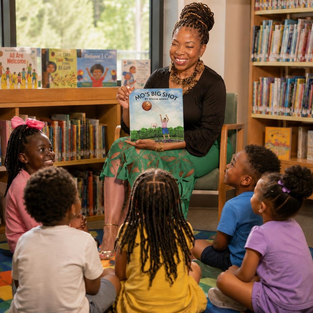 Stacia Hobdy reading Mo's Big Shot to children