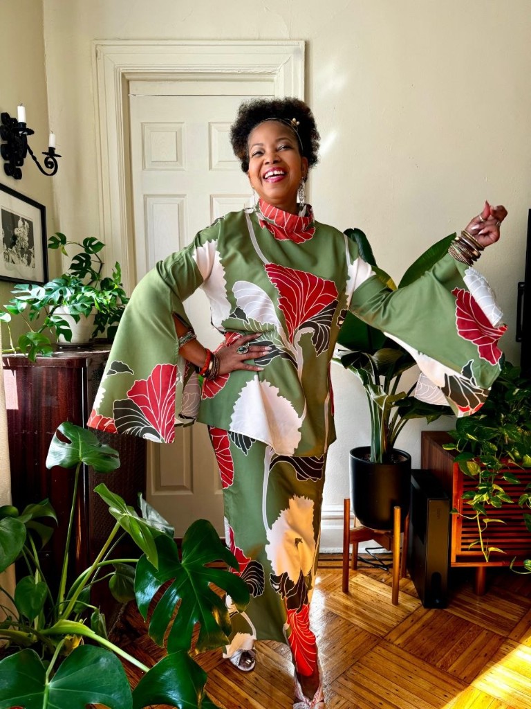 Stacia Hobdy in a green floral two-piece